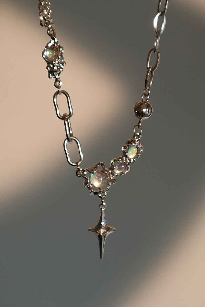 Stainless steel chain necklace with palladium white gold plated star pendants and zirconia opals