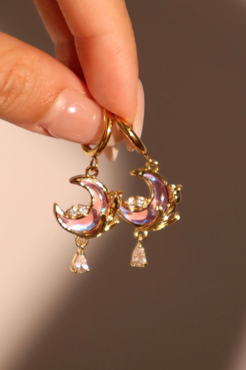18K gold-plated moonstone rose moon drop earrings on sterling silver posts