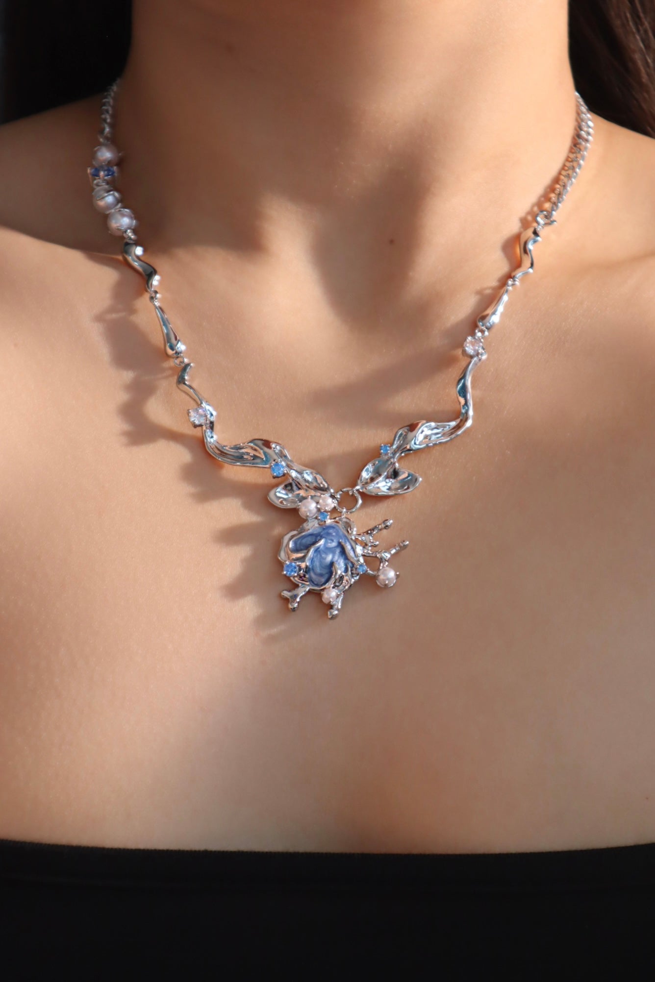 Platinum Plated Blue Shell Necklace