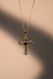 14K Real Gold Plated Black Gem Angel Cross Necklace