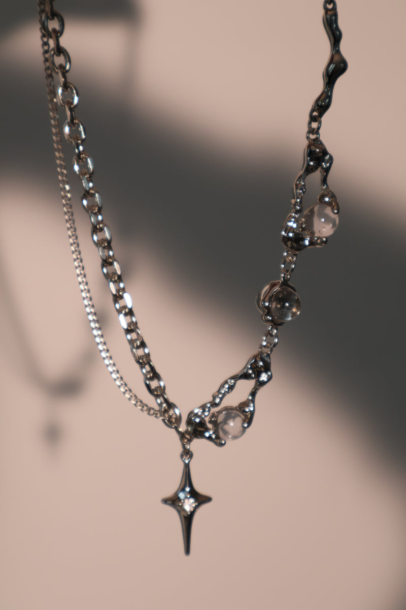 Palladium white gold plated moonlight star necklace with glowing zirconia moonstones