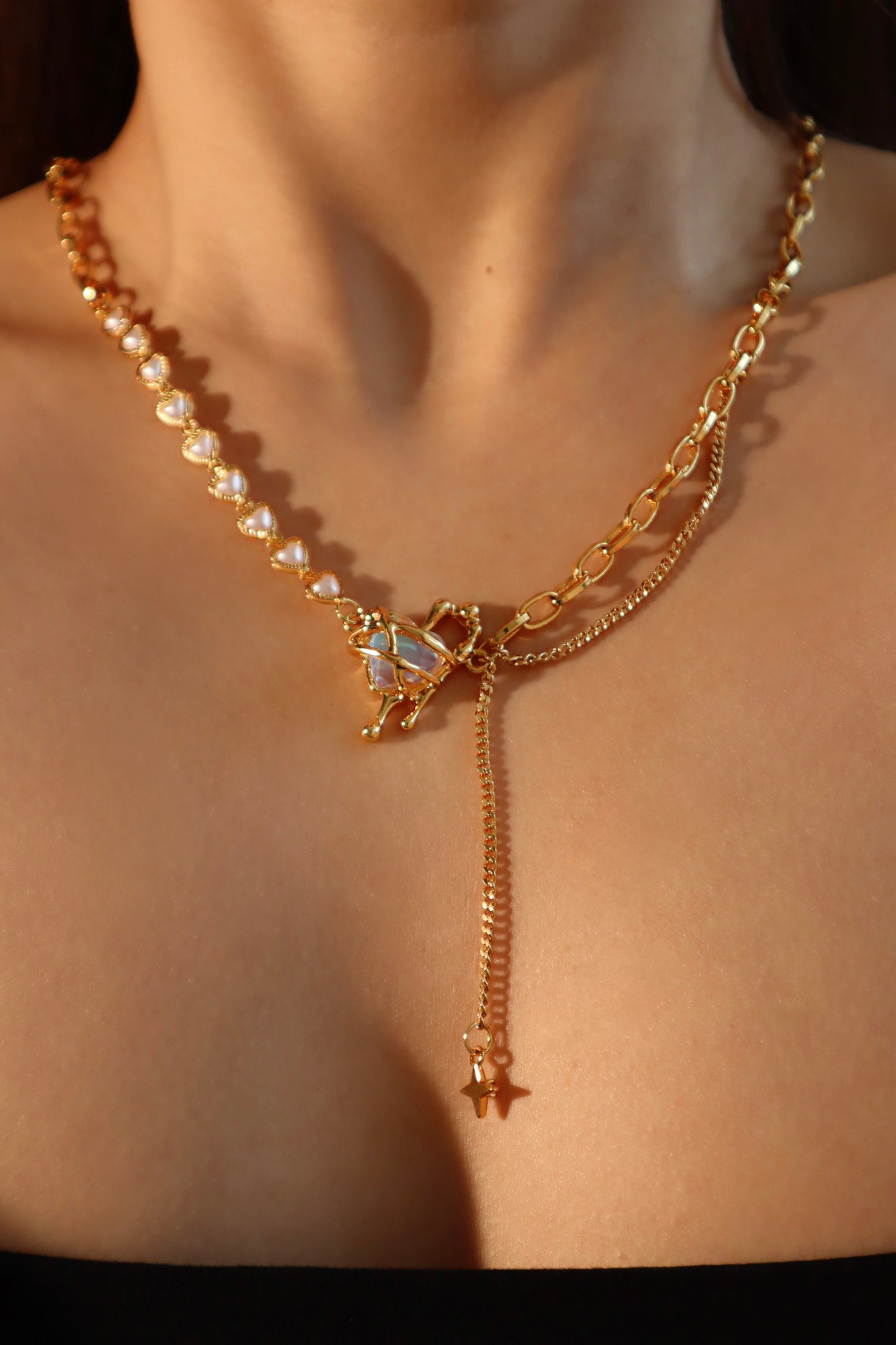 18K Real Gold Plated Moonstone Heart Pearls Necklace