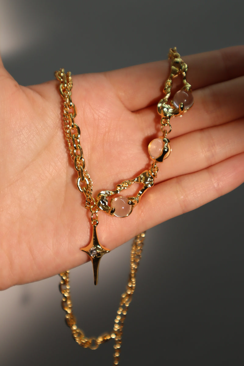 18K gold-plated moonlight star necklace with glowing zirconia moon gems