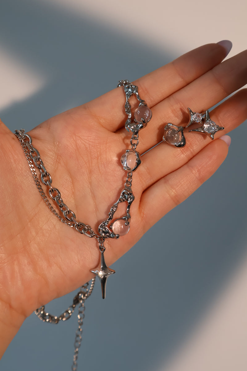 Palladium white gold plated moonlight star necklace with glowing zirconia moonstones