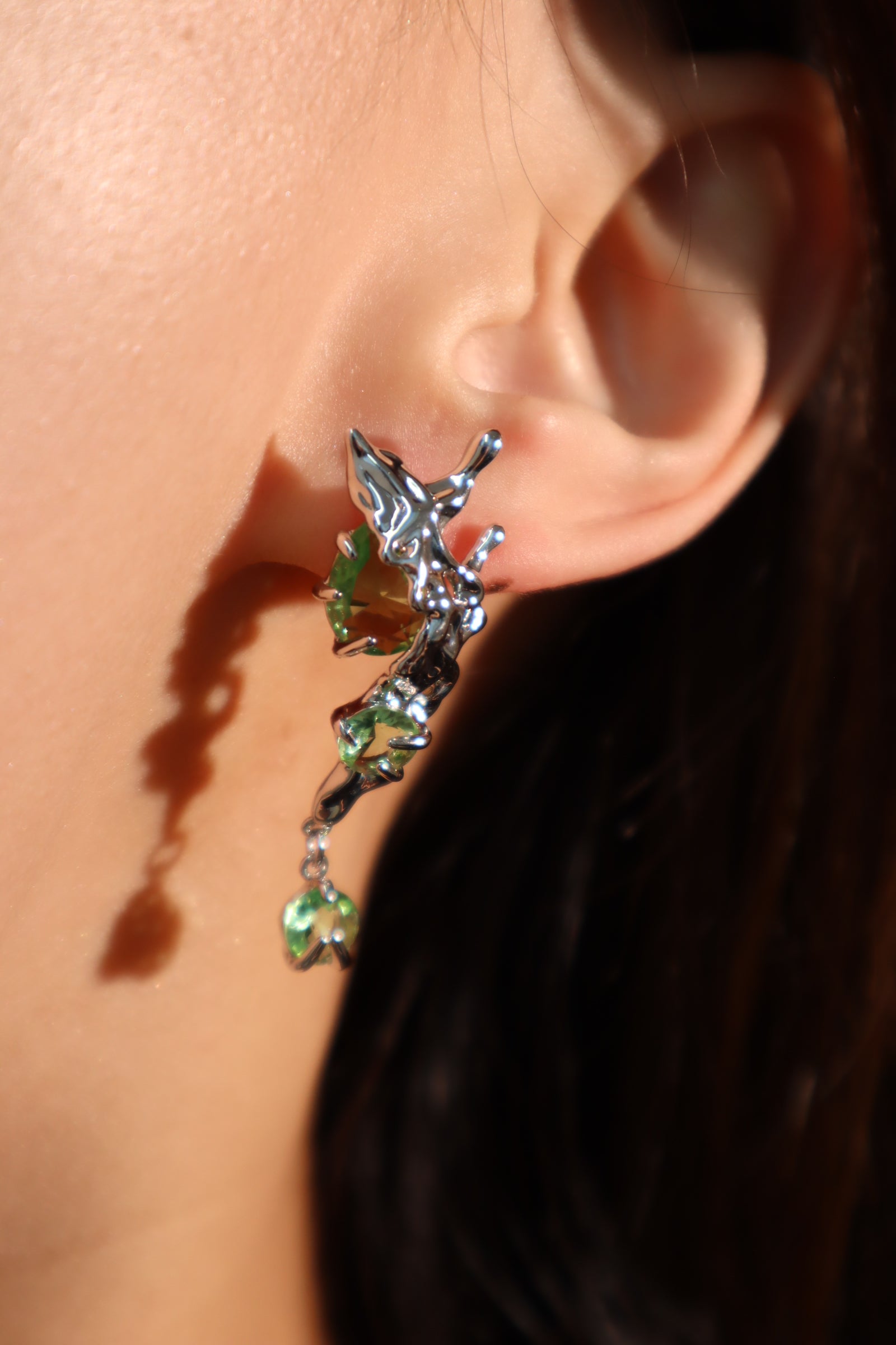 Platinum Plated Green Gem Jade Dangle Earrings
