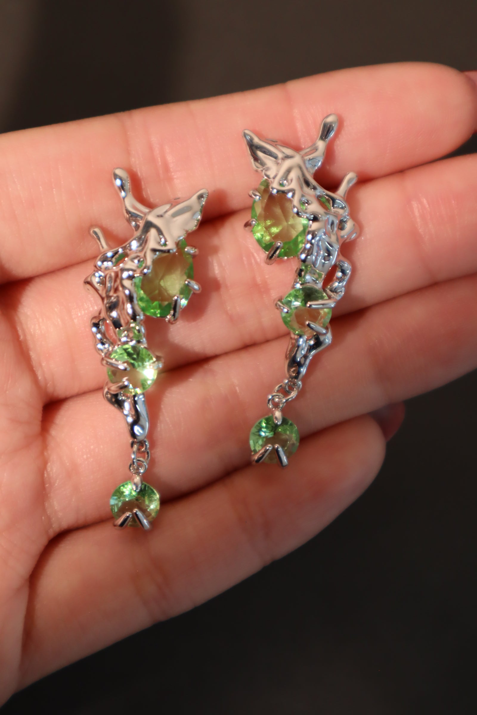 Platinum Plated Green Gem Jade Dangle Earrings