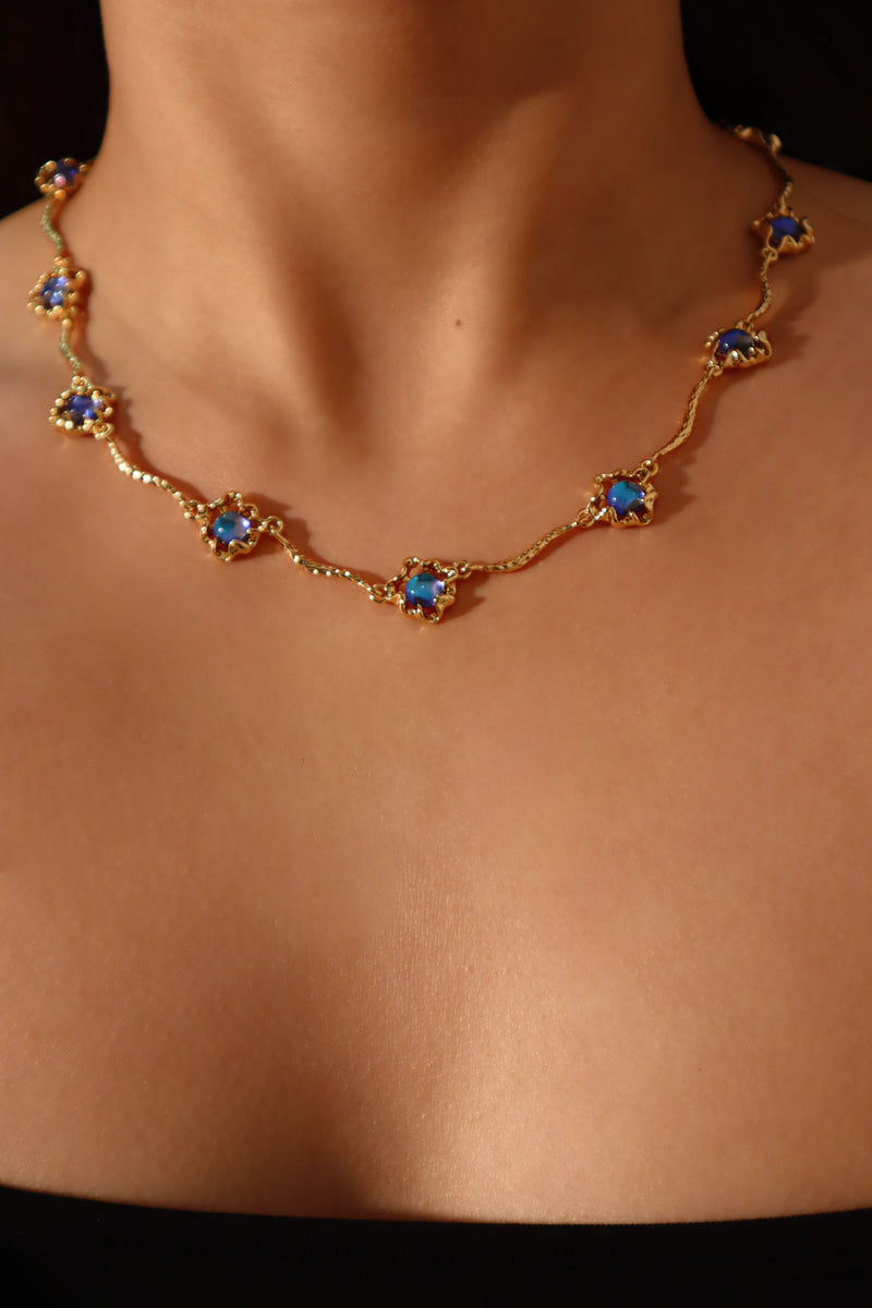 Gold-plated deep blue moonstone multi-strand and dangle necklace set for layering