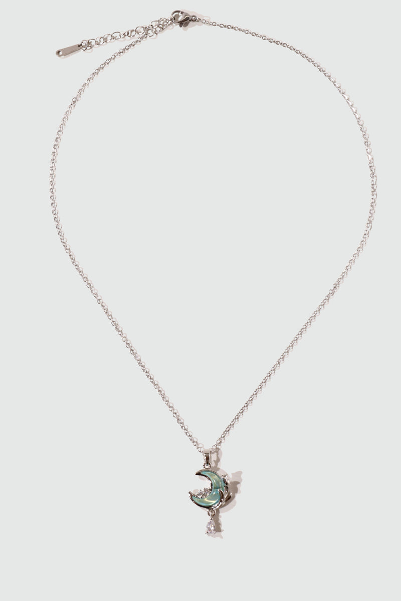 Rose and moon necklace with a blue zirconia moonstone and cut zirconia on a stainless steel chain