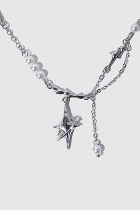 Platinum Plated Saturn Star Spiral Pearls Necklace