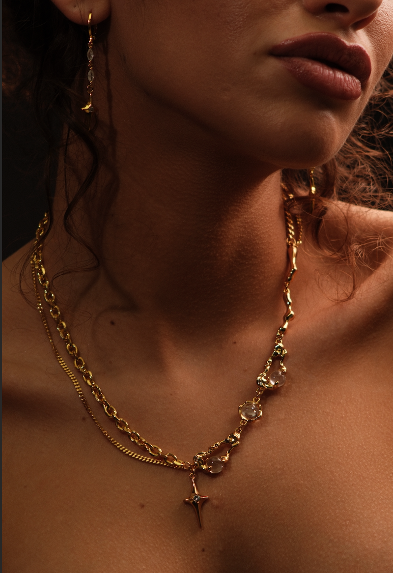 18K gold-plated moonlight star necklace with glowing zirconia moon gems