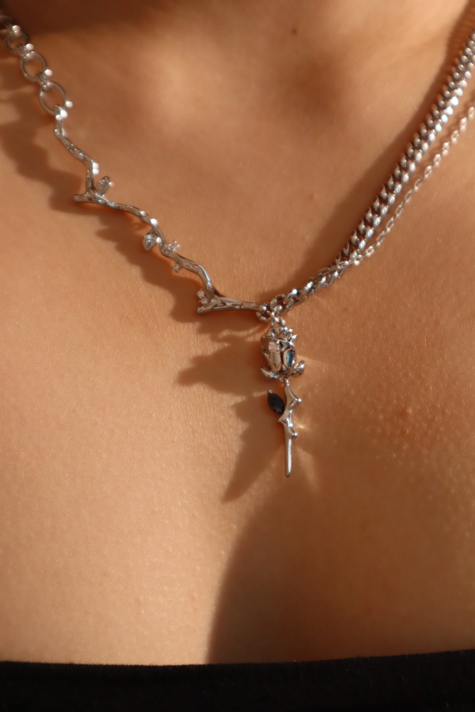 Platinum Plated Silver Rose Necklace
