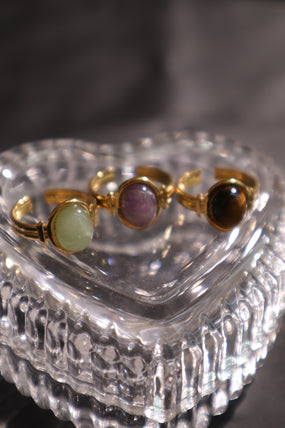 18K gold plated stainless steel adjustable ring with a natural green jade stone