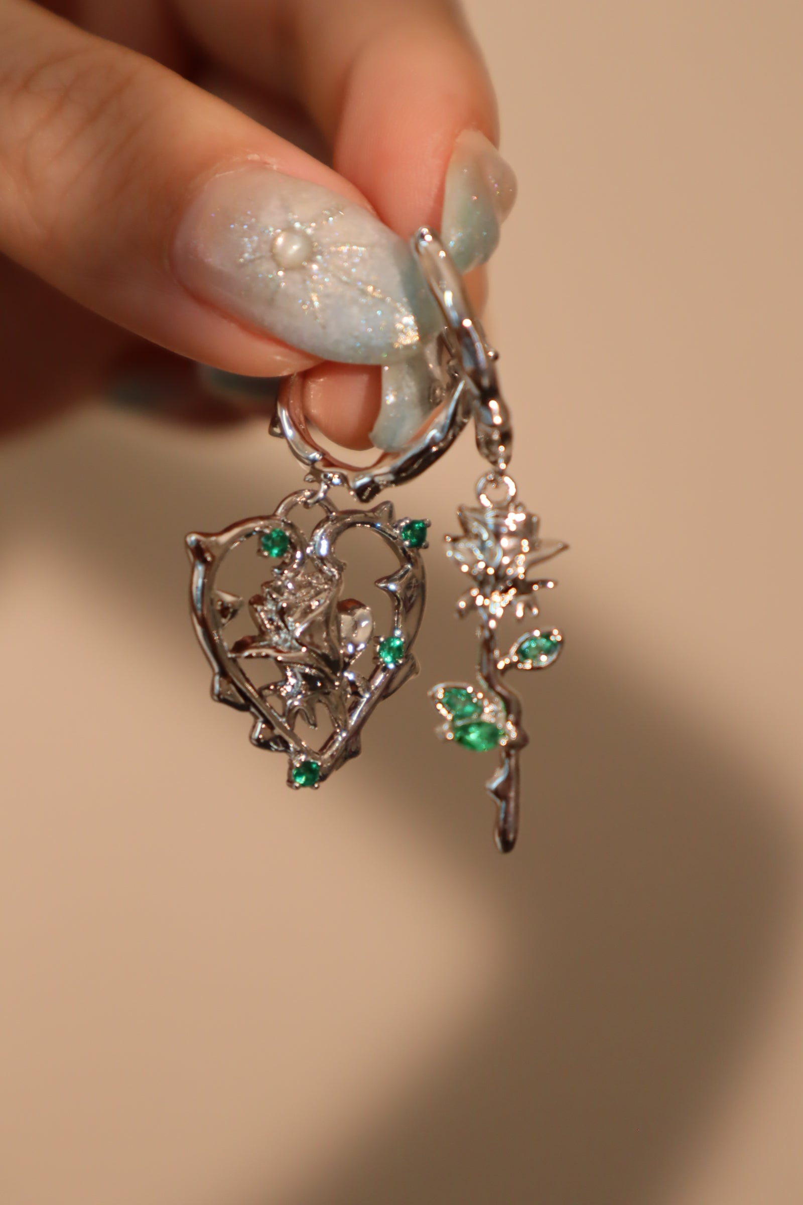 Platinum plated green gems rose Hoop Earrings