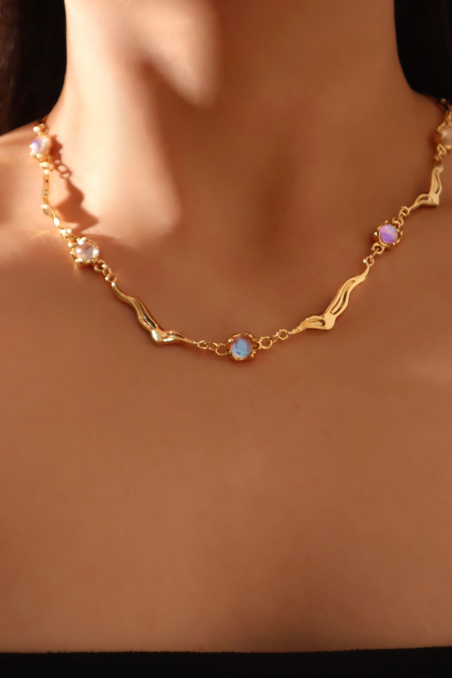 18K Real Gold Plated Multi Moonstones Wave Necklace