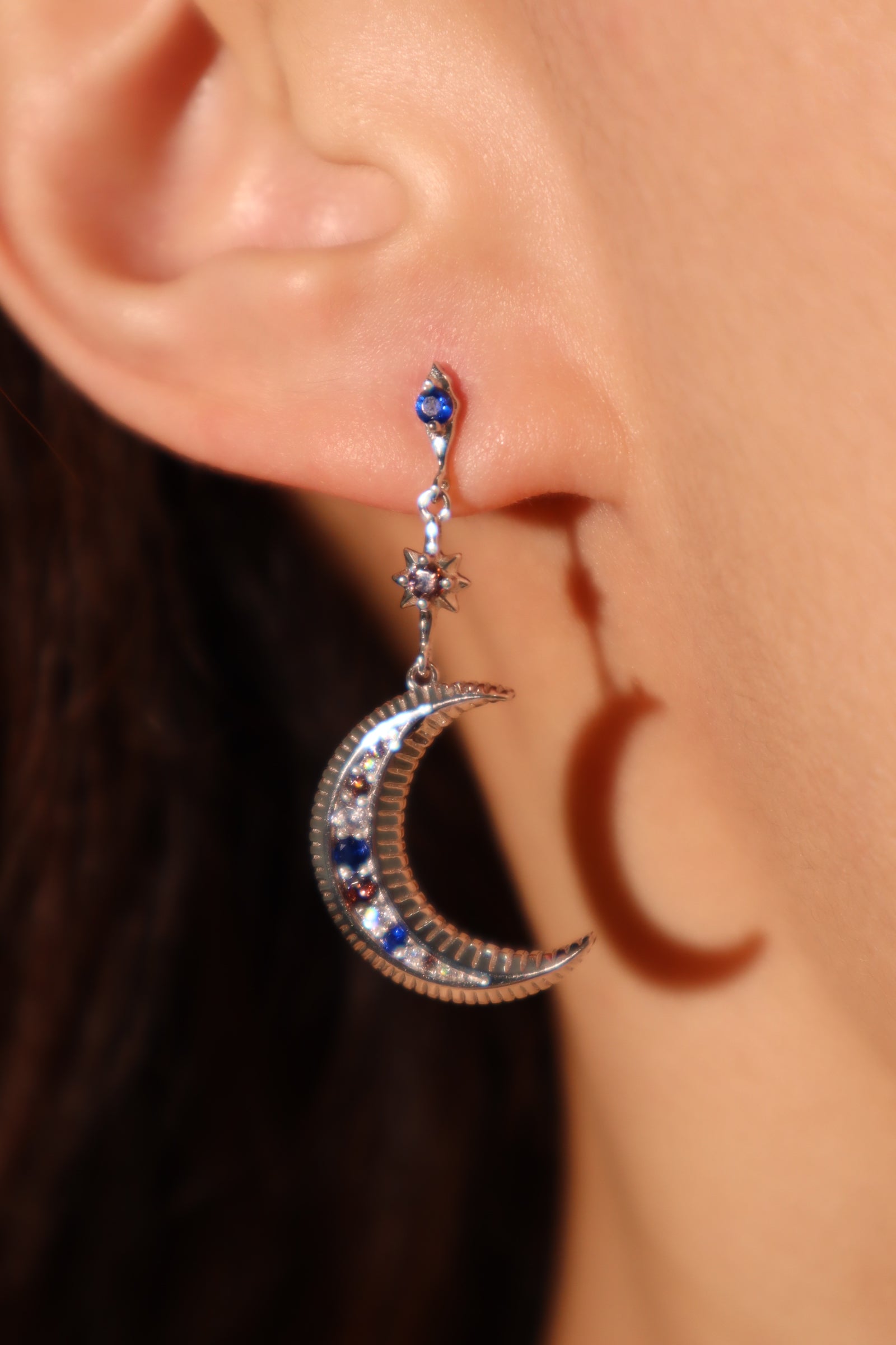 925 Sterling Silver Moon Star Color Gem Earrings