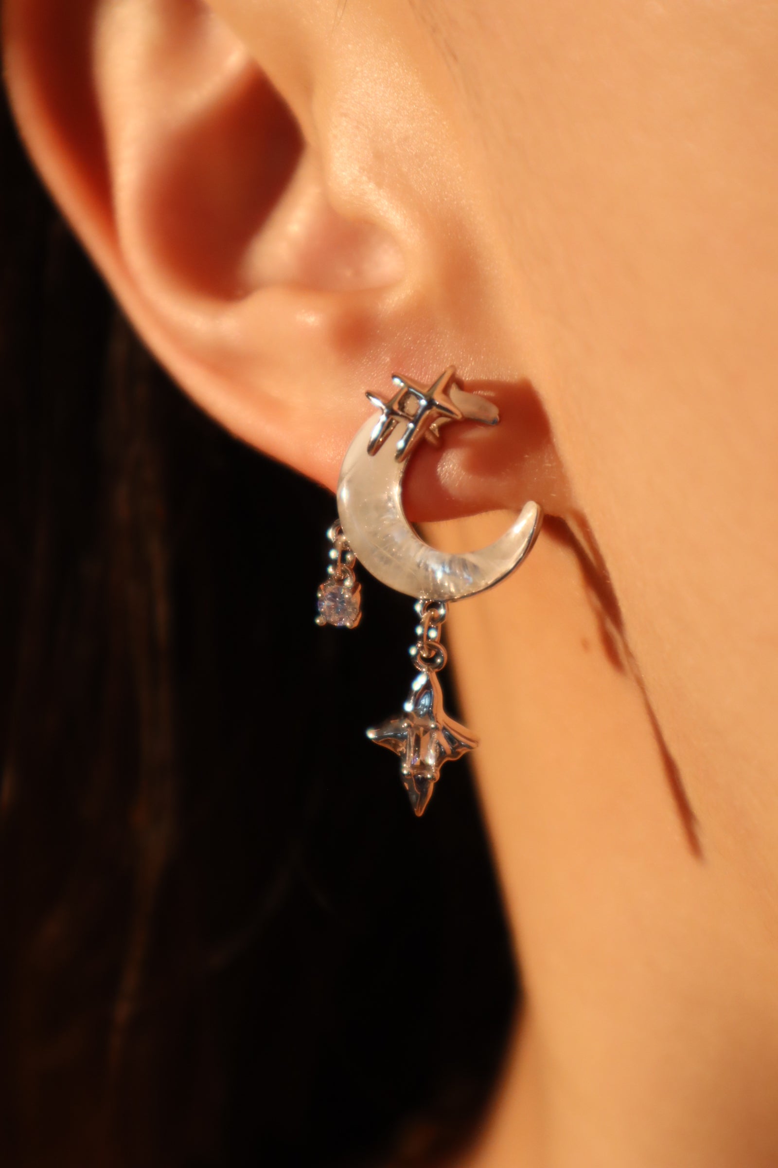 Platinum plated Moon Star Dangle Earrings