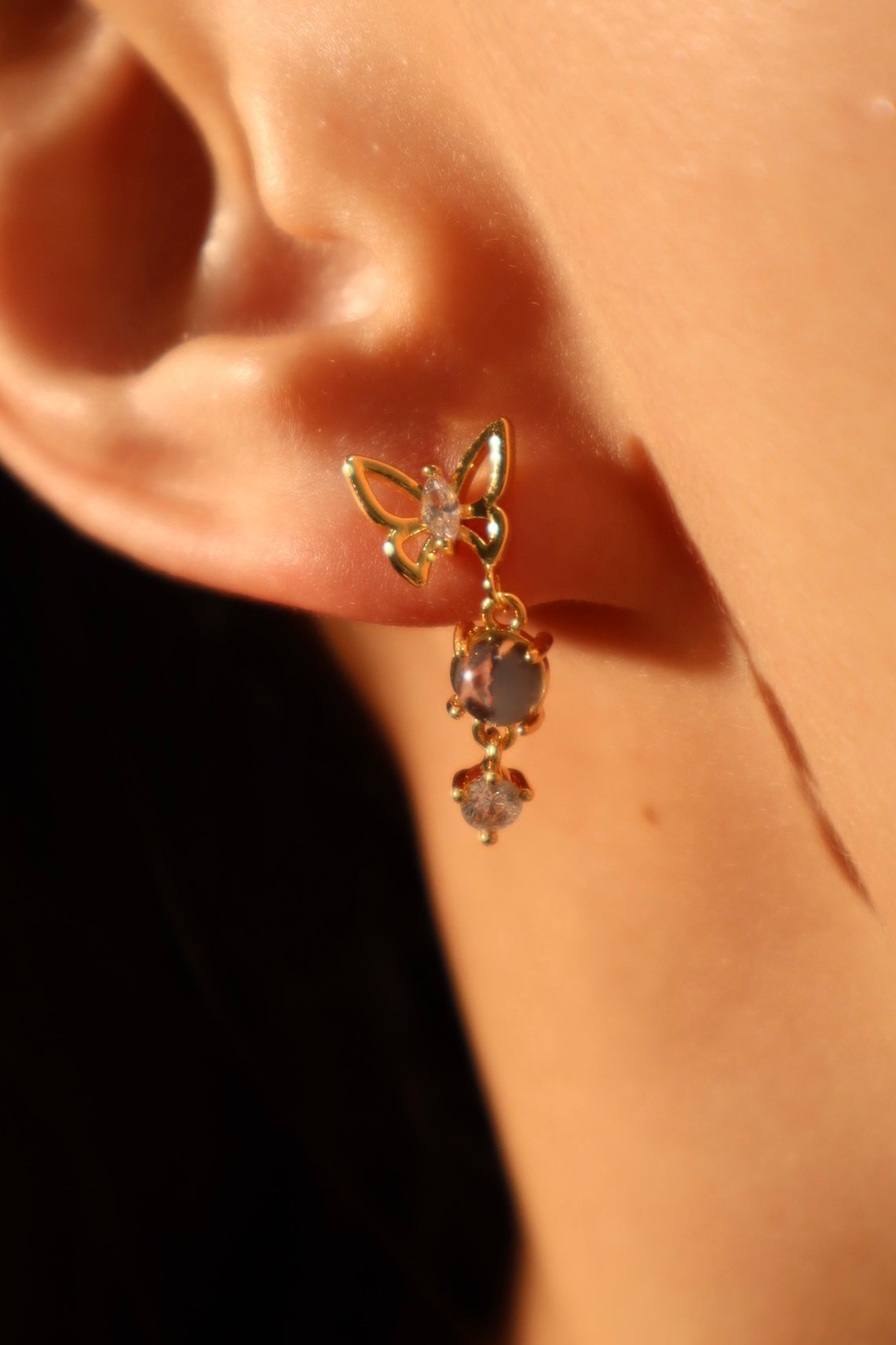 18K Real Gold Plated Butterfly Moonstone Dangle Earrings