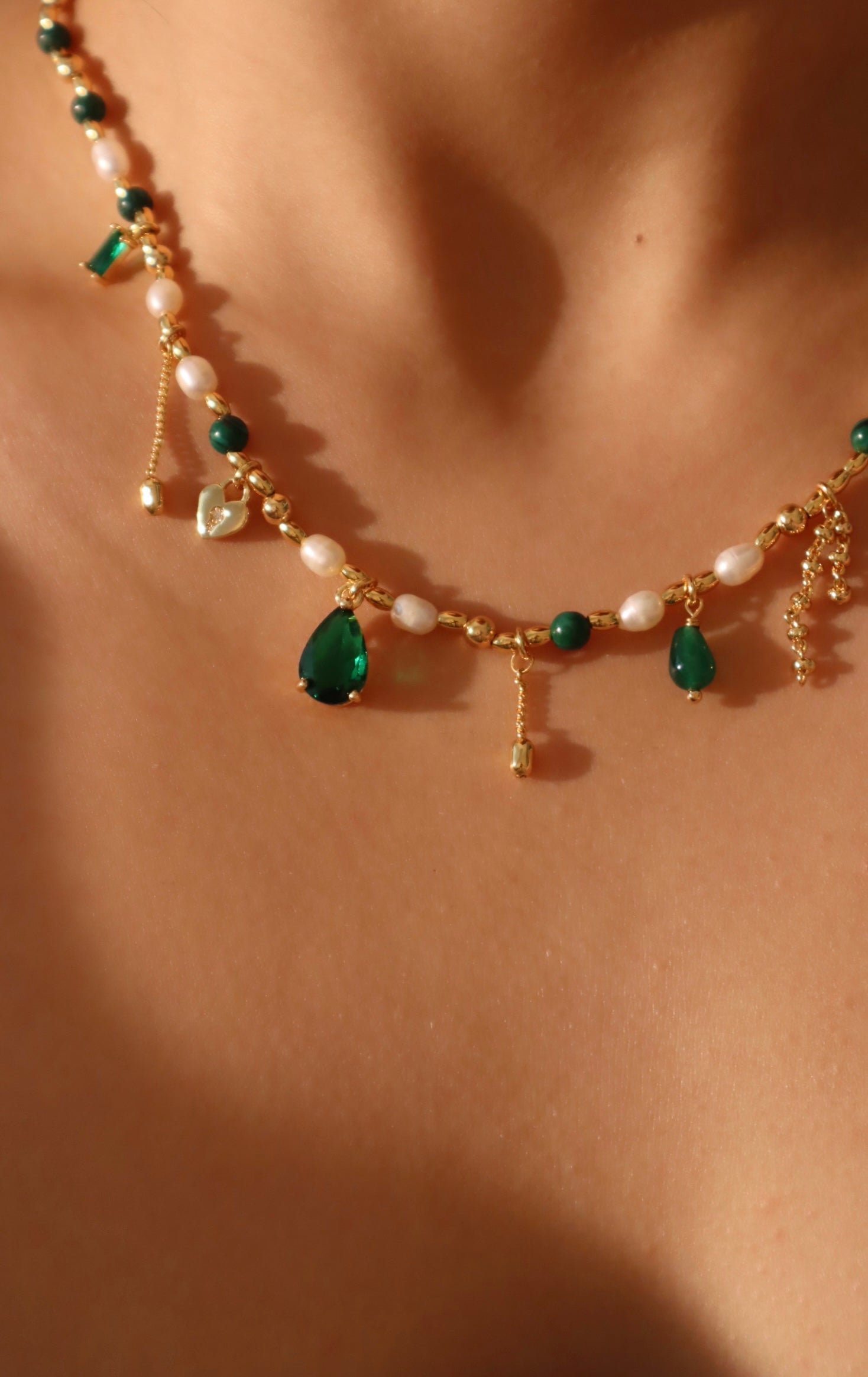 18K Gold Multi Natural Green Gems Pearls Necklace