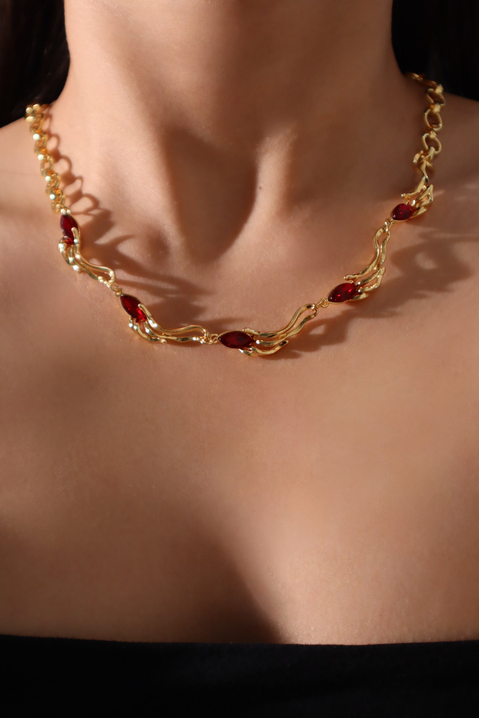 18K Real Gold Plated Multi Red Gems Wave Necklace