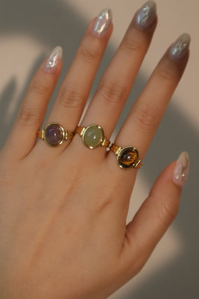 18K gold plated stainless steel adjustable ring with a natural green jade stone