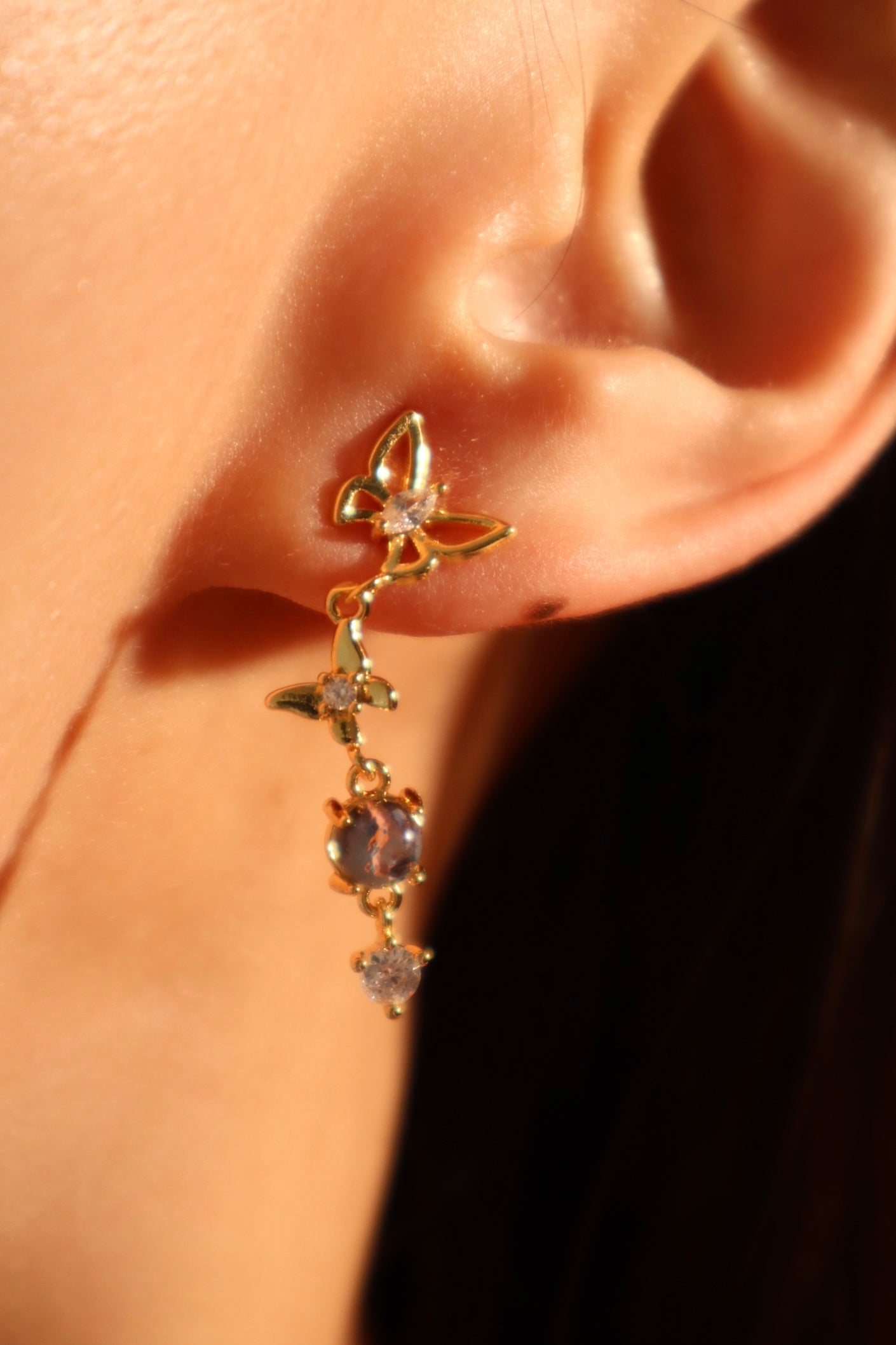 18K Gold Butterfly Moonstone Dangle Earrings