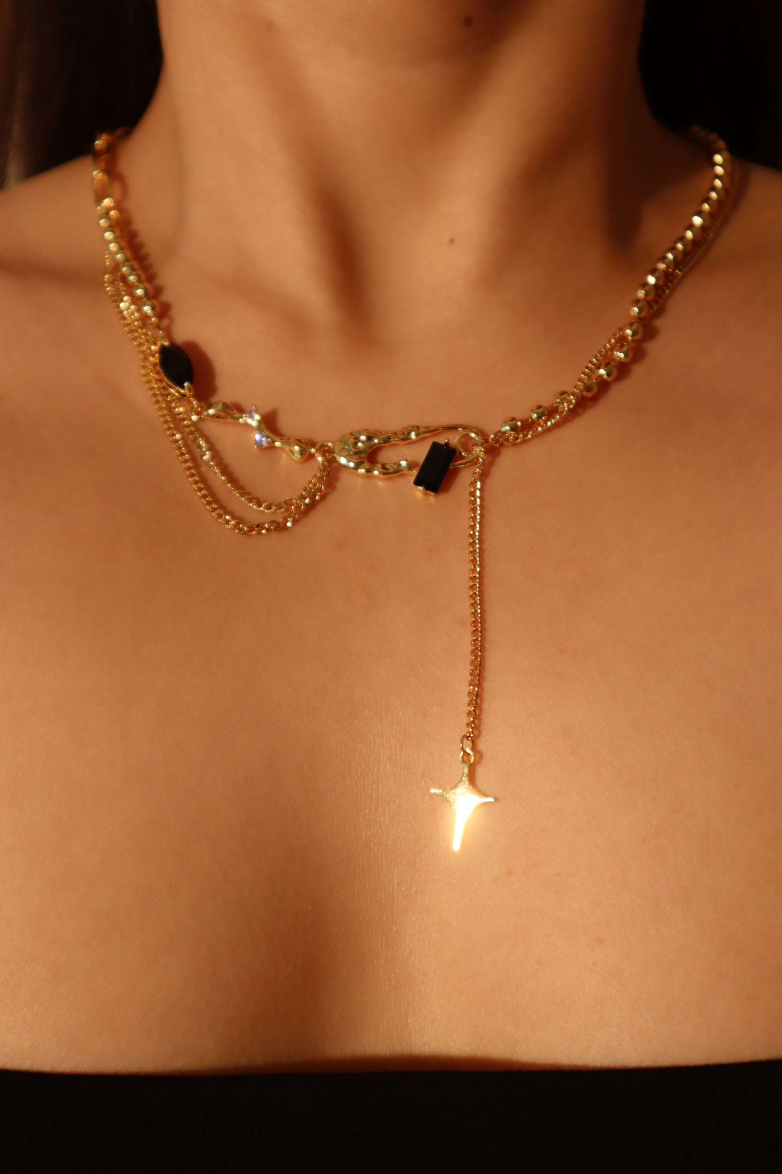 18K Real Gold Plated Black Gem Star Dangle Necklace