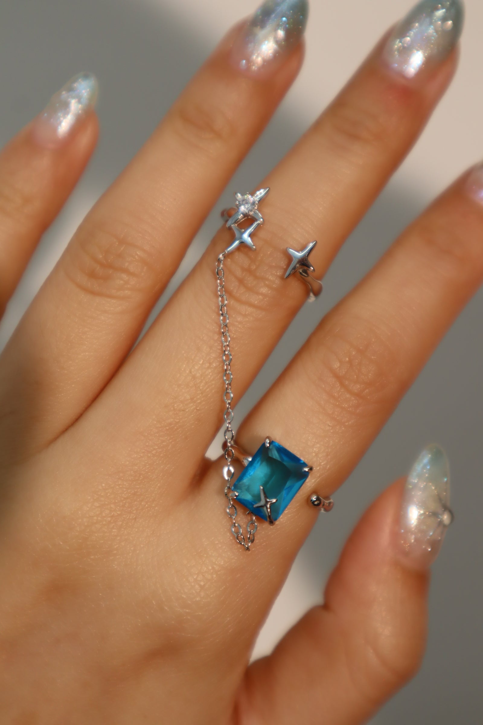 925 Sterling Silver 2 in 1 Chain Stars Blue Gem Ring
