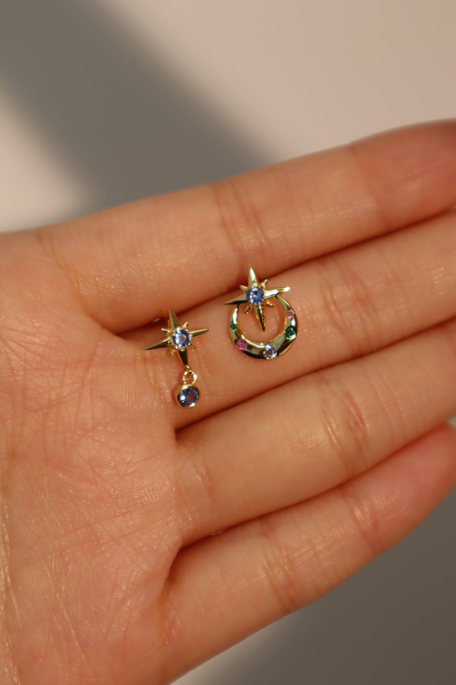 18K Gold 925 Sterling Silver Color Gems Moon Star Earrings