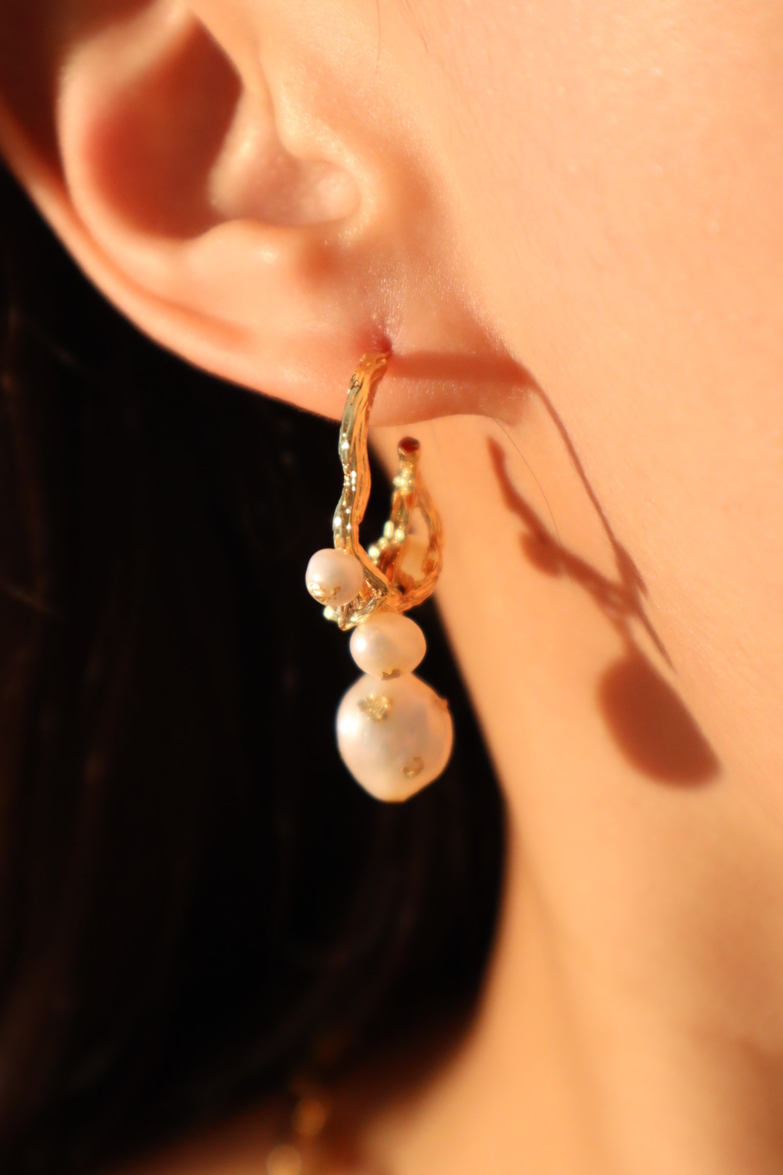 18K Real Gold Foil Pearl Hoop Earrings