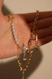 18K Real Gold Plated 3 in 1 Diamonds Satum Star Pearl Necklace