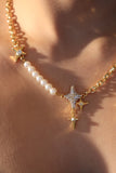18K Real Gold Plated 3 in 1 Diamonds Saturn Star Pearl Necklace