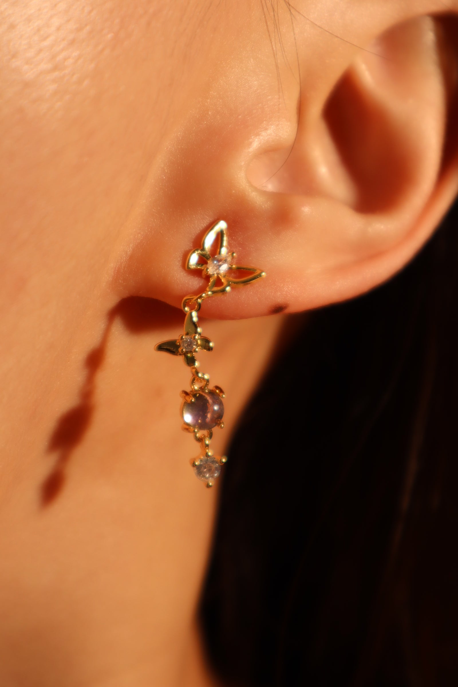 18K Gold Butterfly Moonstone Dangle Earrings