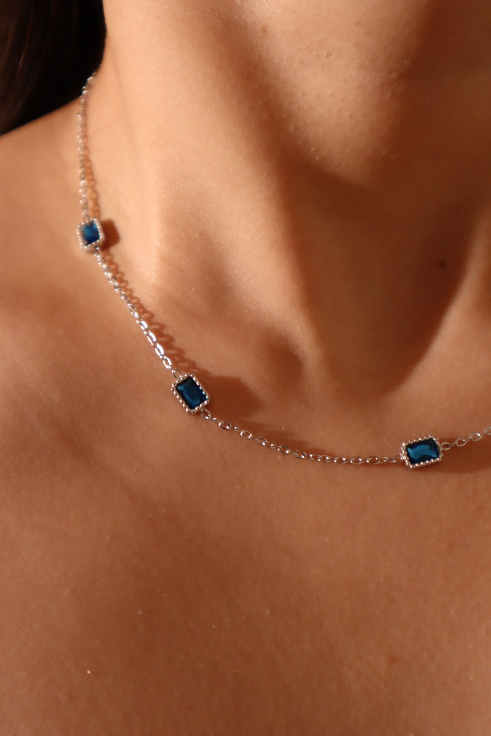 Stainless Steel Multi Blue Gems Necklace
