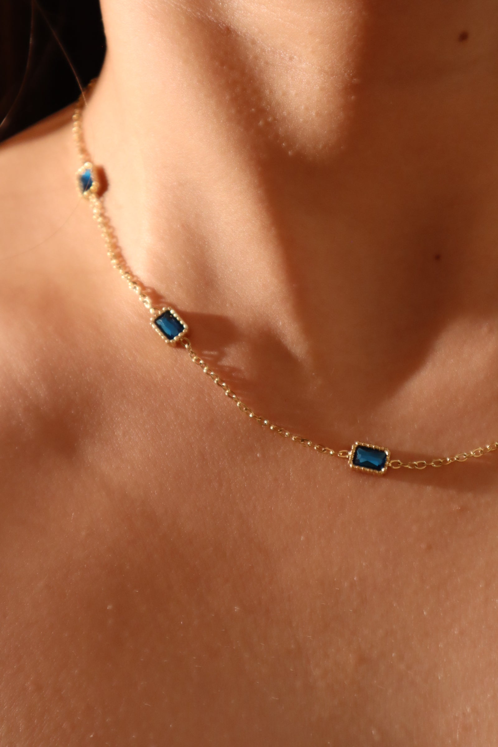 18K Real Gold Stainless Steel Multi Blue Gems Necklace