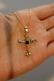 14K Real Gold Plated Black Gem Angel Cross Necklace