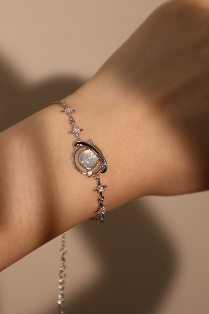 Dainty Opal Saturn Bracelet – Sterling Silver Moon And Star Chain Bracelet