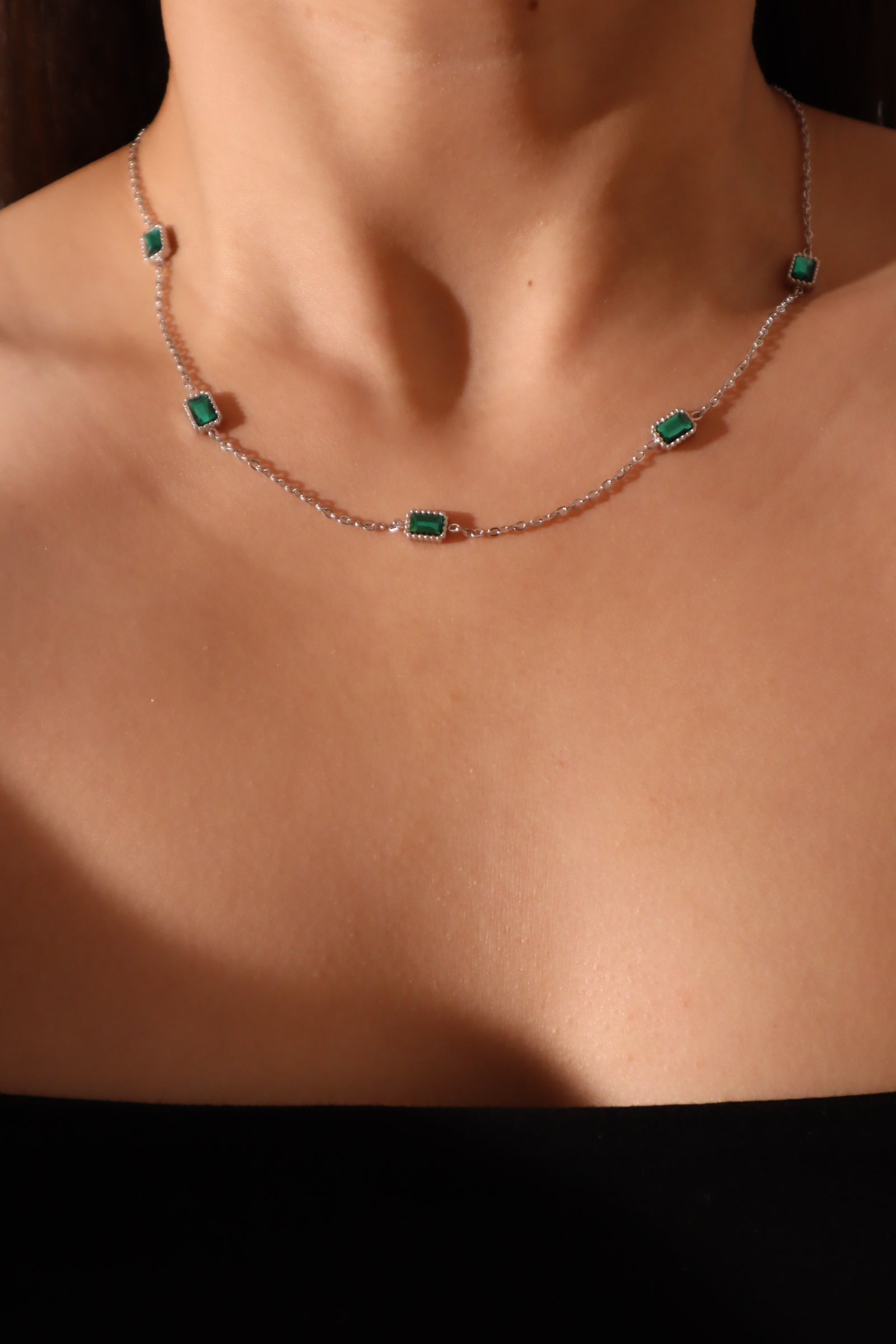 Stainless Steel Multi Green Gems Necklace
