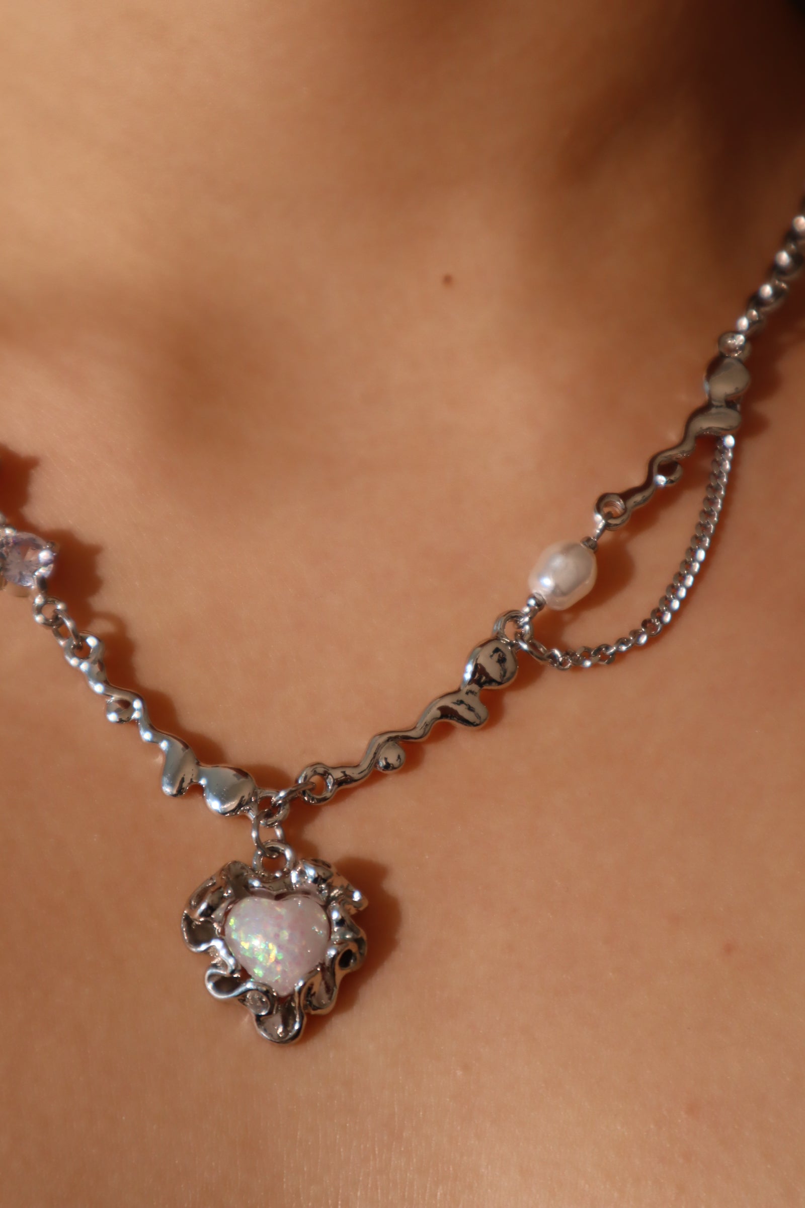 White Opal Heart Diamonds Necklace