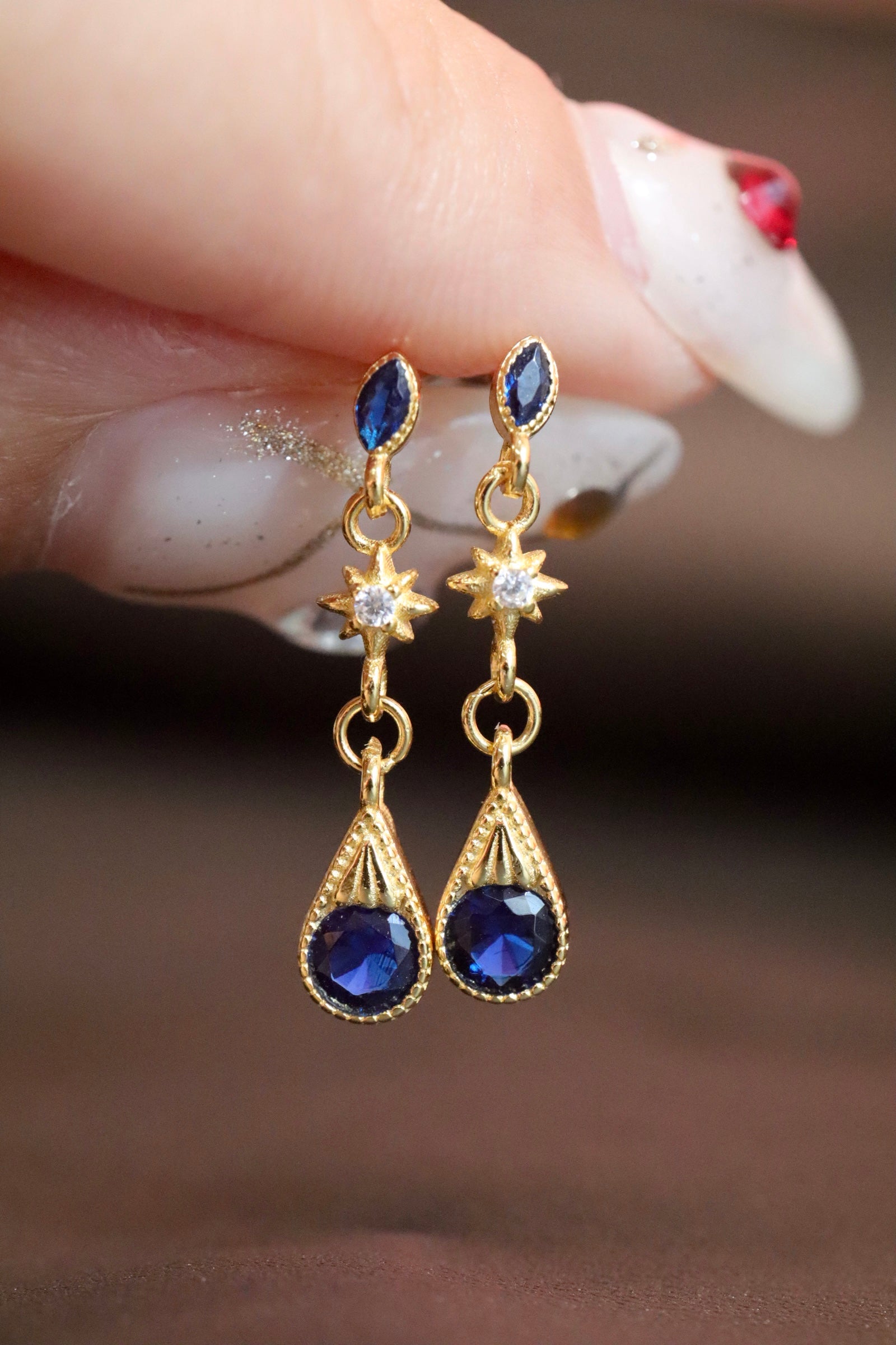 18K Gold Vermeil Blue Gems Star Dangle Earrings