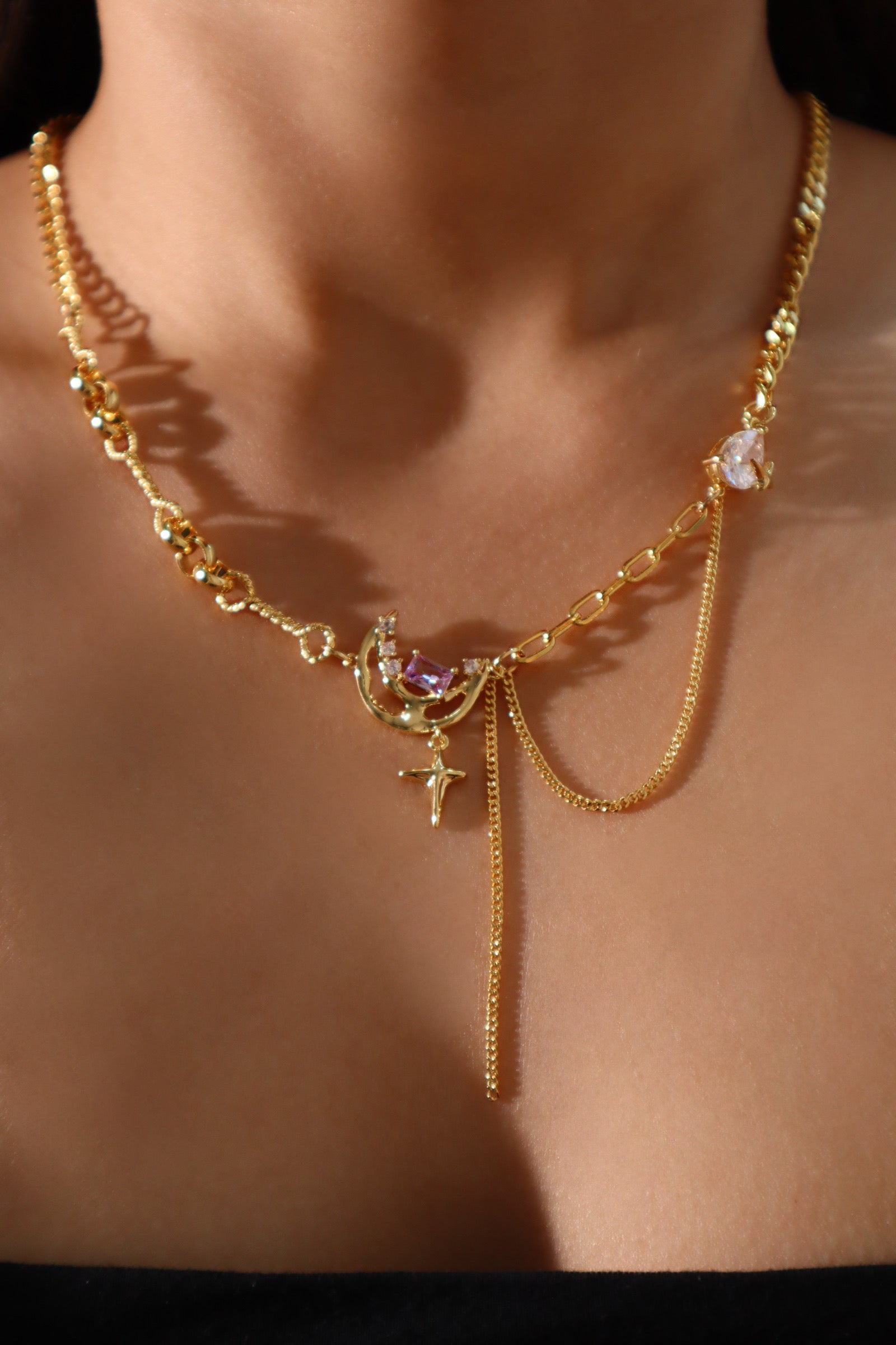 18K Real Gold Plated Purple Gem Moon Star Necklace