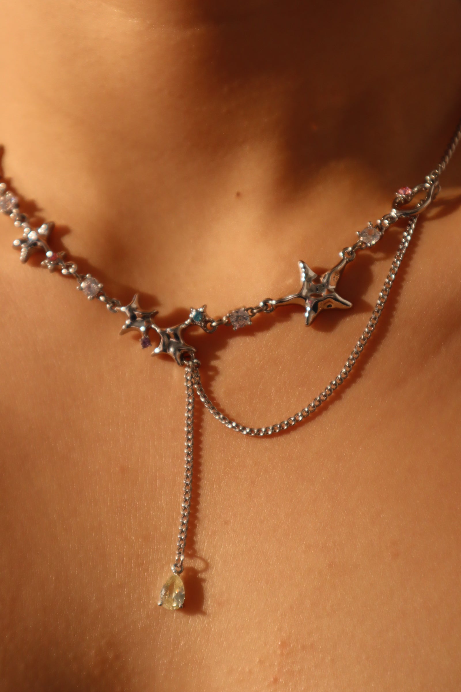 Platinum Plated Color Gems Sea Star Necklace