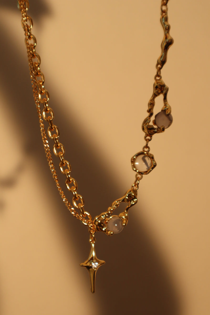 18K gold-plated moonlight star necklace with glowing zirconia moon gems