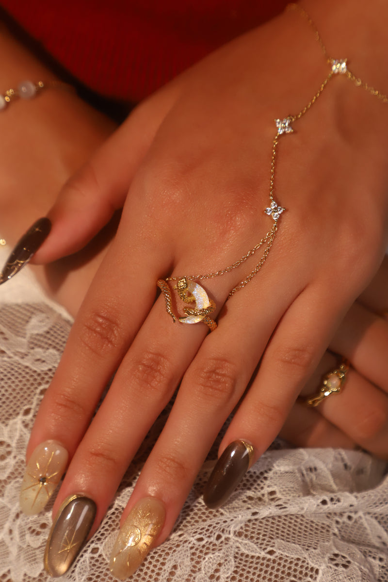 Gold-plated moon snake ring and starlight petal hand chain bracelet with zirconia moonstone