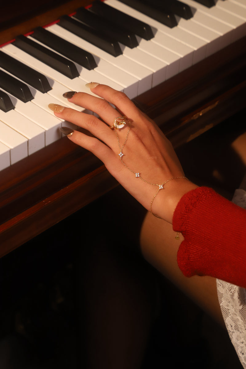 Gold-plated moon snake ring and starlight petal hand chain bracelet with zirconia moonstone