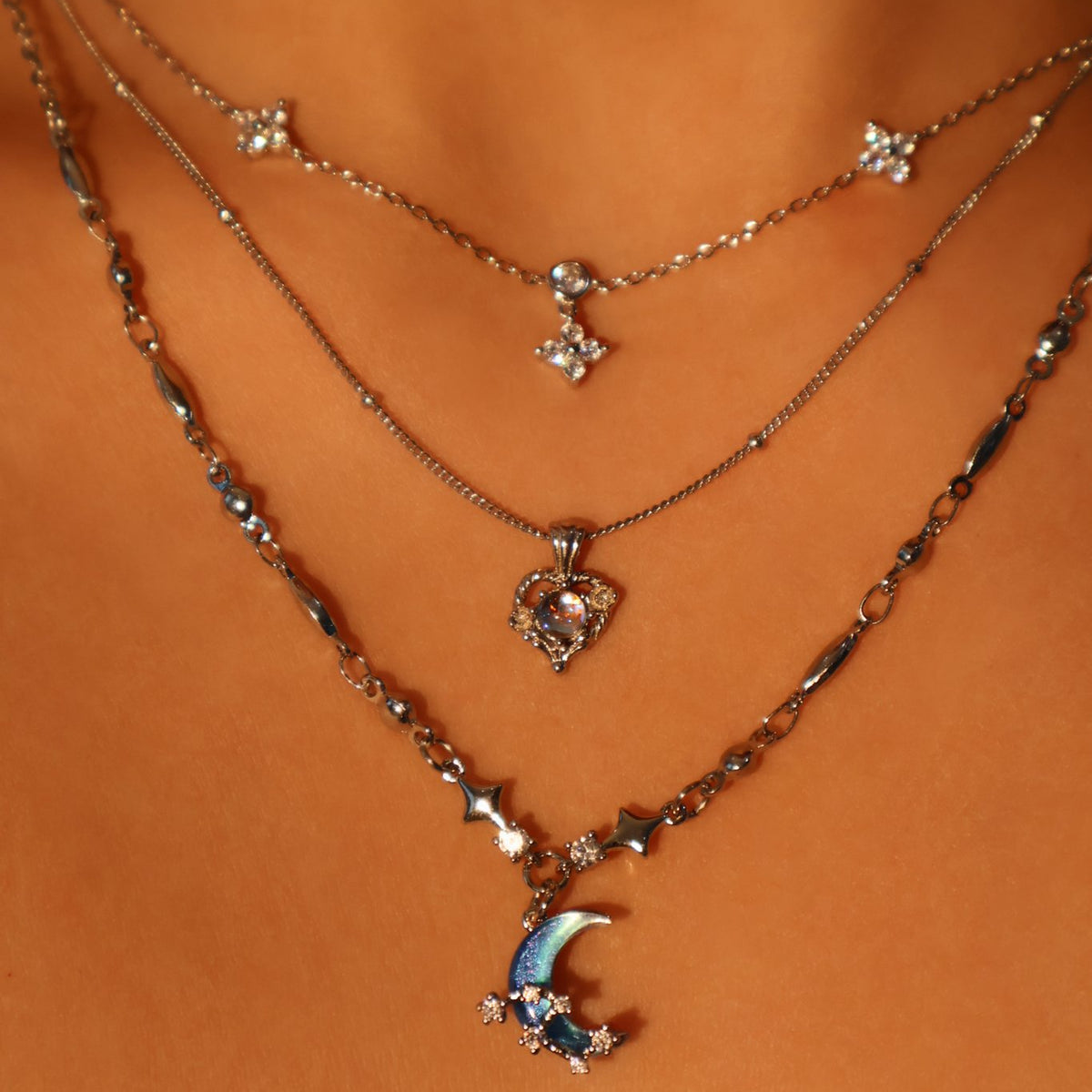 Palladium White Gold Plated Moonstone Moon Star Necklace