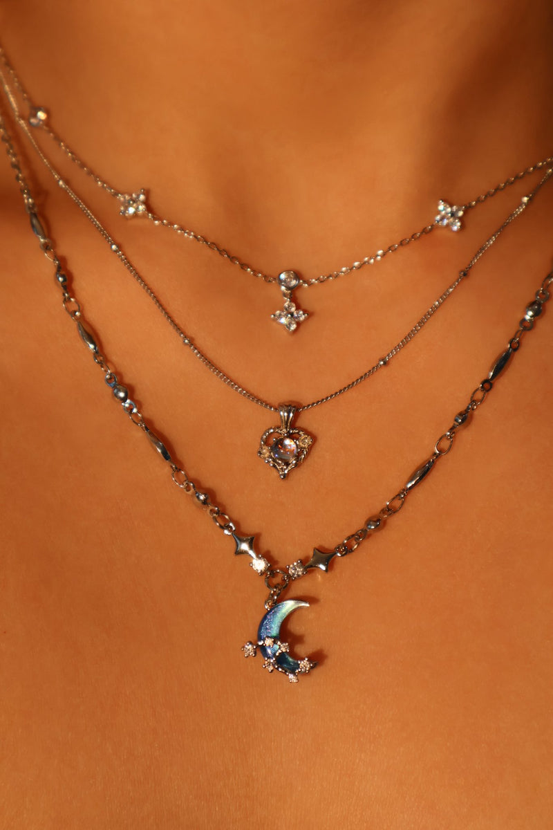 Palladium white-gold-plated moon and star necklace with a zirconia moonstone and zirconia diamonds