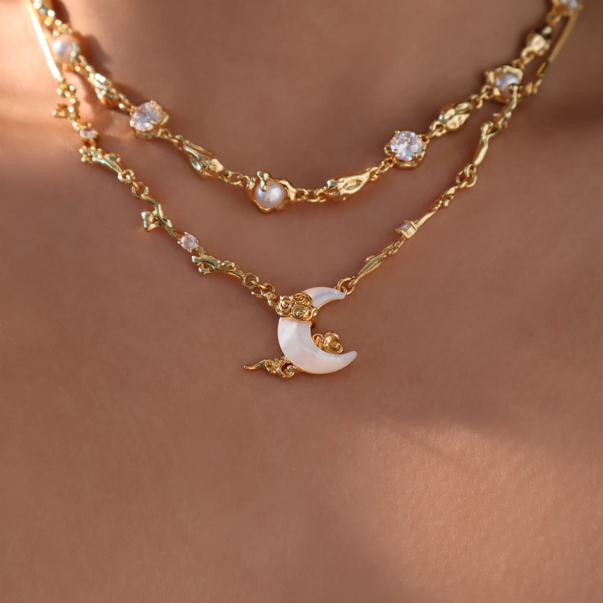 18K Real Gold Plated Diamonds Natural Shell Moon Necklace