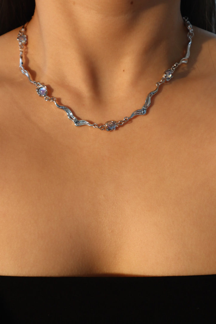 Platinum Plated Multi Moonstones Wave Necklace