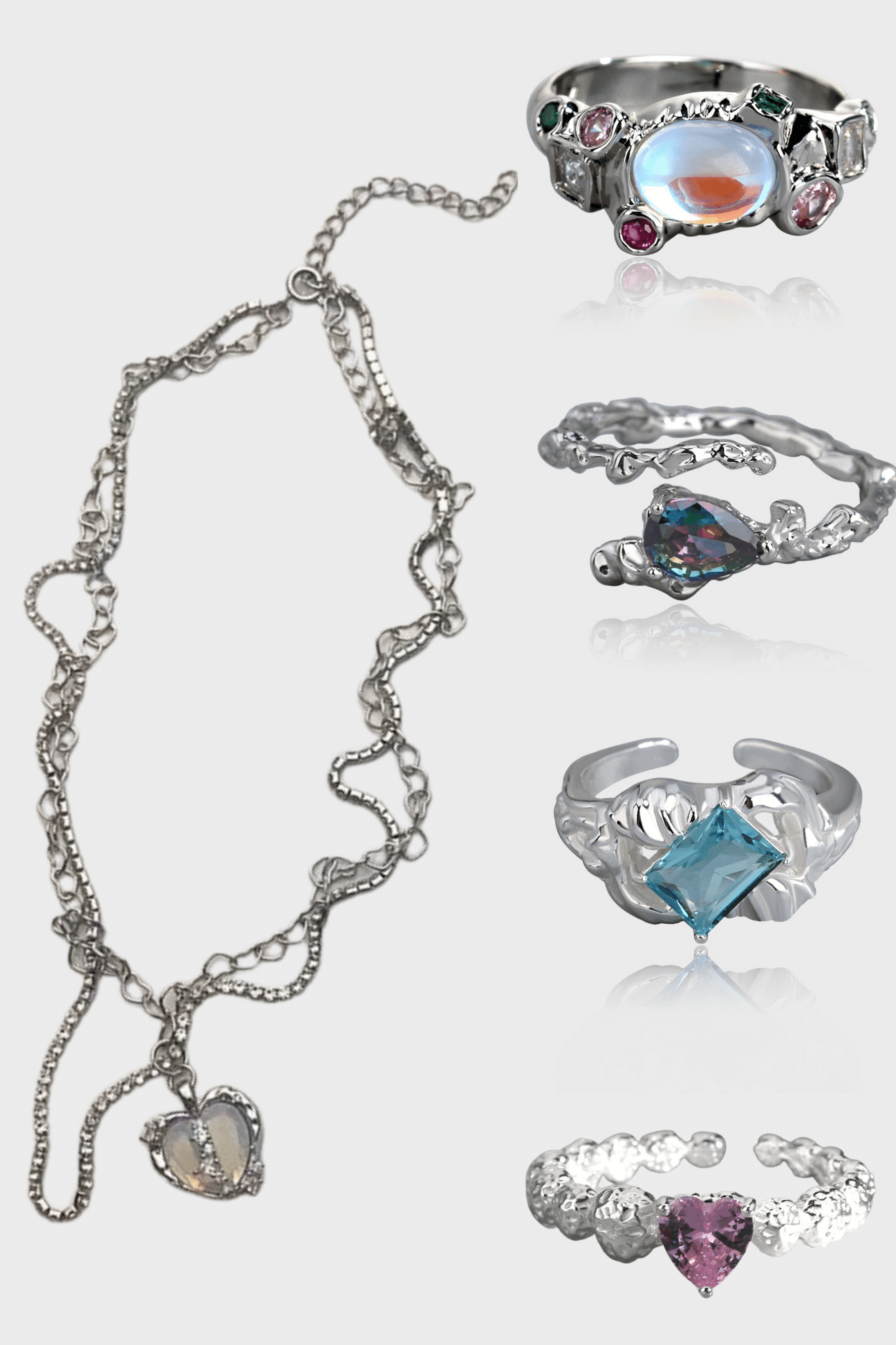 5 PCS Bundle- Y2K Gemstone Rings + Opal Necklace – Cutethingscommin