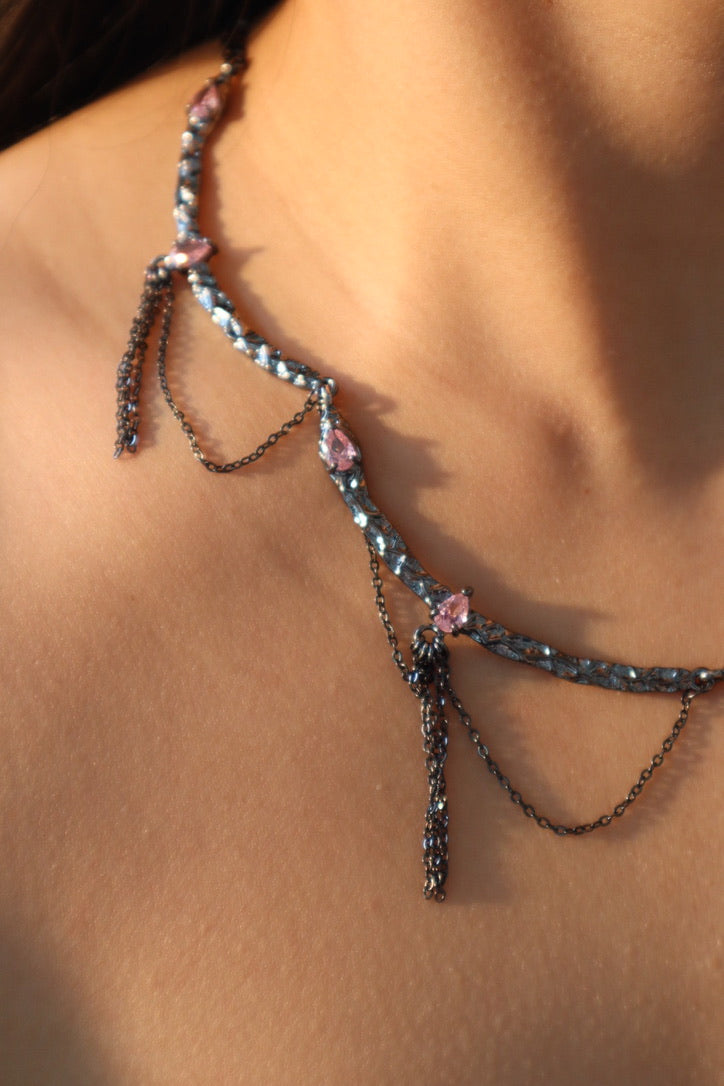 Pink Gems Black Gold Necklace